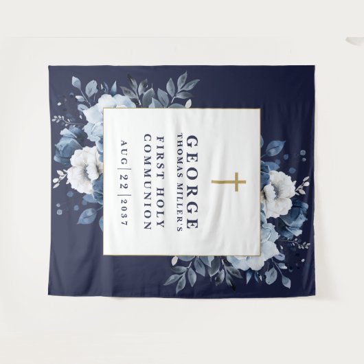 Marine Blauwe Bloemen Heilige Communie Foto Achter Wandkleed (Voorkant (horizontaal))