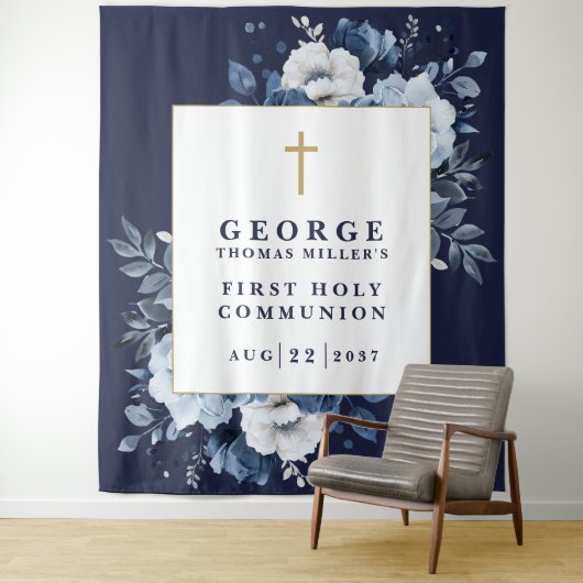 Marine Blauwe Bloemen Heilige Communie Foto Achter Wandkleed (In situ)