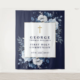 Marine Blauwe Bloemen Heilige Communie Foto Achter Wandkleed