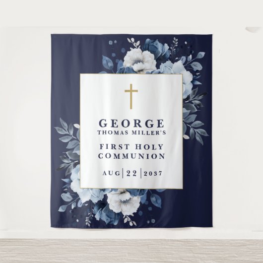 Marine Blauwe Bloemen Heilige Communie Foto Achter Wandkleed (Voorkant)