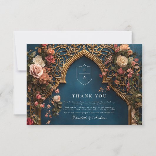 Marine Blauwe Bloemen Islamitische Huwelijk Bedankkaart (Voorkant)