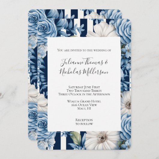 Marine Blauwe Bloemen Stripes Trouwen Kaart (Voorkant / Achterkant)