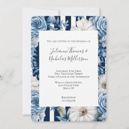 Marine Blauwe Bloemen Stripes Trouwen Kaart (Voorkant)