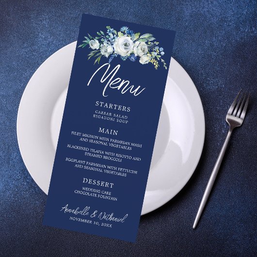 Marine Blauwe Bloemen Winter Trouwdiner Menu