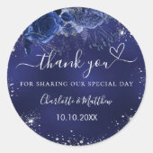 Marine blauwe bloemen zilveren bruiloft dank u ronde sticker (Voorkant)