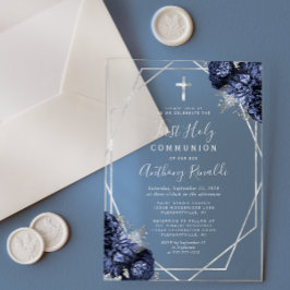 Marine Blauwe Bloemen Zilveren Geo Eerste Heilige  Acryl Uitnodigingen