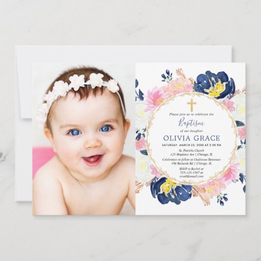Marine blauwe blos roze bloemenmeisje doop foto kaart (Voorkant)