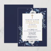 Marine Blauwe Boho Bloemen Eerste Heilige Communie Briefkaart (Voorkant / Achterkant)