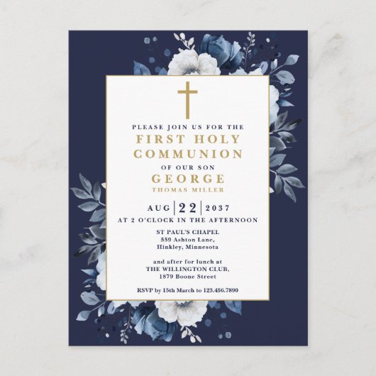 Marine Blauwe Boho Bloemen Eerste Heilige Communie Briefkaart (Voorkant)