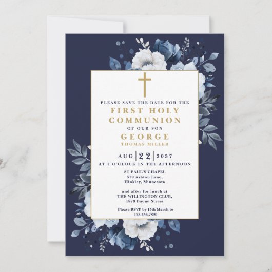 Marine Blauwe Boho Bloemen Eerste Heilige Communie Save The Date (Voorkant)