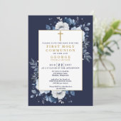 Marine Blauwe Boho Bloemen Eerste Heilige Communie Save The Date (Staand voorkant)