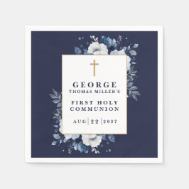Marine Blauwe Boho Bloemen Eerste Heilige Communie Servet