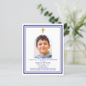 Marine blauwe boog foto Eerste Communie uitnodigin (Staand voorkant)