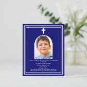 Marine blauwe boog foto Eerste Communie uitnodigin (Staand voorkant)