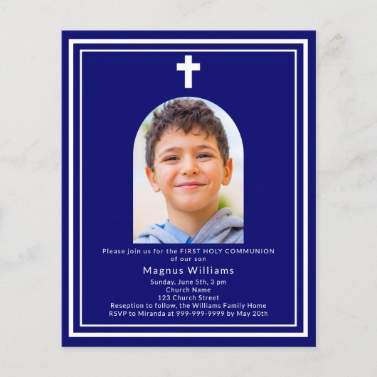Marine blauwe boog foto Eerste Communie uitnodigin (Voorkant)