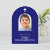Marine blauwe boog foto jongen Eerste Heilige Comm Kaart (Staand voorkant)