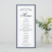 Marine Blauwe botanische kam monogram bruiloft Menu (Staand voorkant)