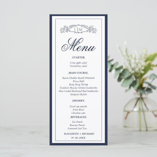 Marine Blauwe botanische kam monogram bruiloft Menu (Staand voorkant)