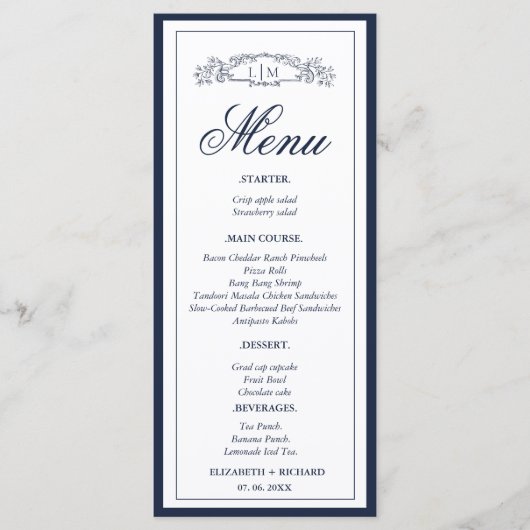 Marine Blauwe botanische kam monogram bruiloft Menu (Voorkant)