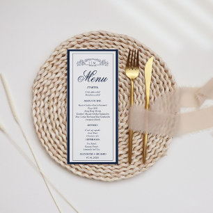 Marine Blauwe botanische kam monogram bruiloft Menu