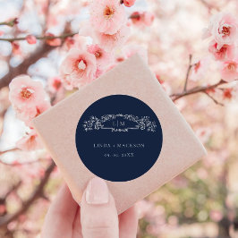 Marine Blauwe botanische kam monogram bruiloft Ronde Sticker