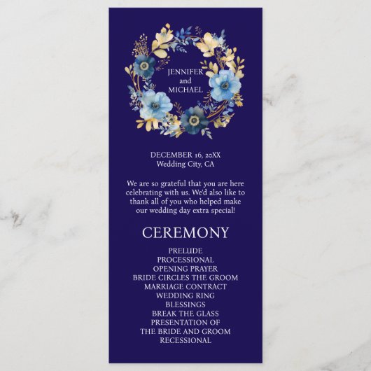 Marine Blauwe en Gouden Bloemen Trouwprogramma Programmakaart (Voorkant)