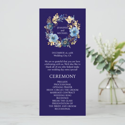 Marine Blauwe en Gouden Bloemen Trouwprogramma Programmakaart (Staand voorkant)