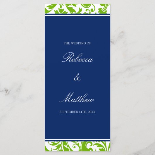 Marine Blauwe en Groene Wervels Damast Wedding Pro Programmakaart (Voorkant)