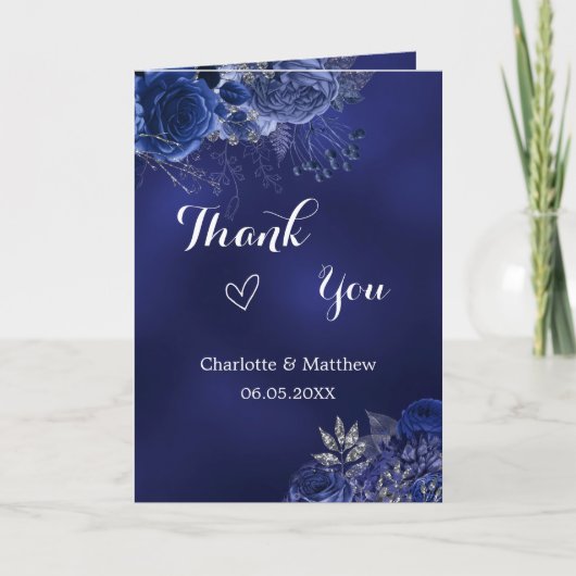 Marine blauwe foto bloemen bruiloft dank u kaart (Voorkant)