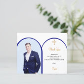 Marine blauwe foto boog Bevestiging Dank u kaart (Staand voorkant)