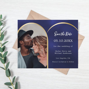 Marine blauwe foto boog bruiloft Save the Date Flyer