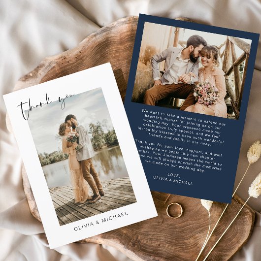 Marine Blauwe Foto Huwelijk Elegant Dank u kaart