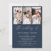 Marine Blauwe Foto QR code bruiloft minimalist Kaart (Voorkant)