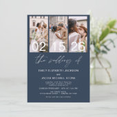 Marine Blauwe Foto QR code bruiloft minimalist Kaart (Staand voorkant)