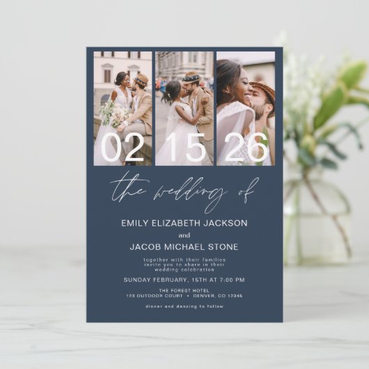 Marine Blauwe Foto QR code bruiloft minimalist Kaart (Staand voorkant)