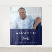 Marine blauwe foto verjaardag welkom wandkleed (Voorkant)