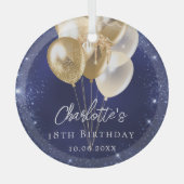 Marine blauwe glitter gouden ballonnen verjaardag glas ornament (Voorkant)