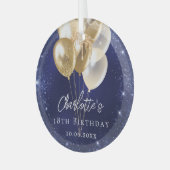 Marine blauwe glitter gouden ballonnen verjaardag glas ornament (Voorkant links)