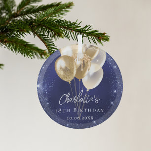 Marine blauwe glitter gouden ballonnen verjaardag glas ornament
