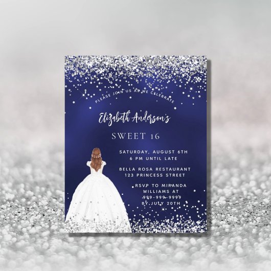 Marine blauwe glitter jurk Sweet 16 uitnodiging
