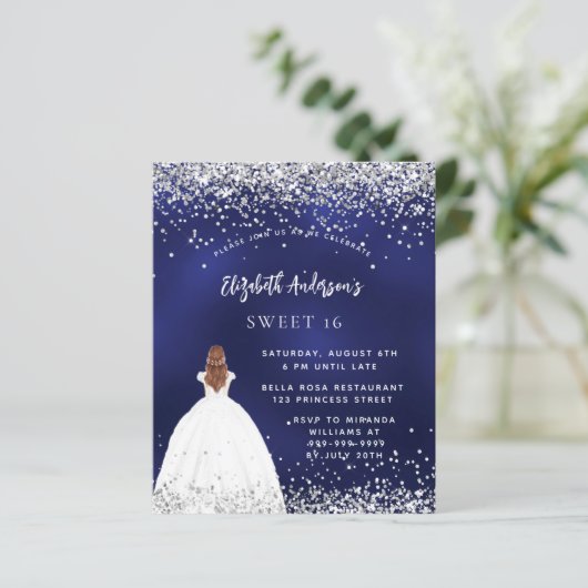 Marine blauwe glitter jurk Sweet 16 uitnodiging (Staand voorkant)