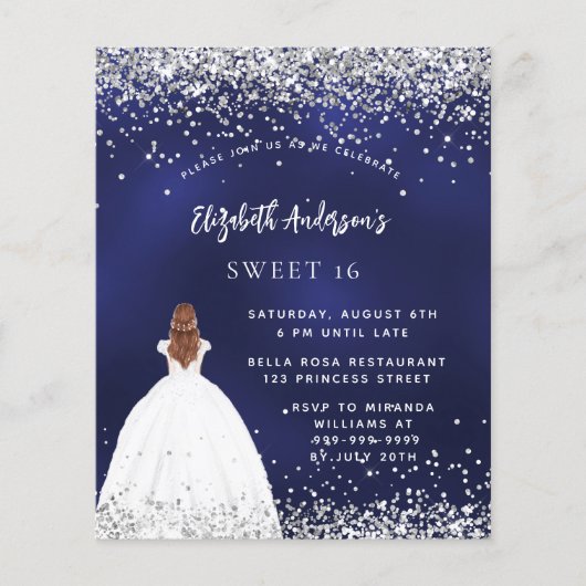 Marine blauwe glitter jurk Sweet 16 uitnodiging (Voorkant)