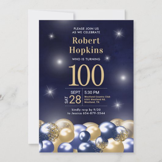 Marine Blauwe Gouden Ballonnen Foto 100e Verjaarda Kaart (Voorkant)