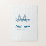Marine blauwe groomsman naam letter datum mannelij legpuzzel<br><div class="desc">ontwerp</div>