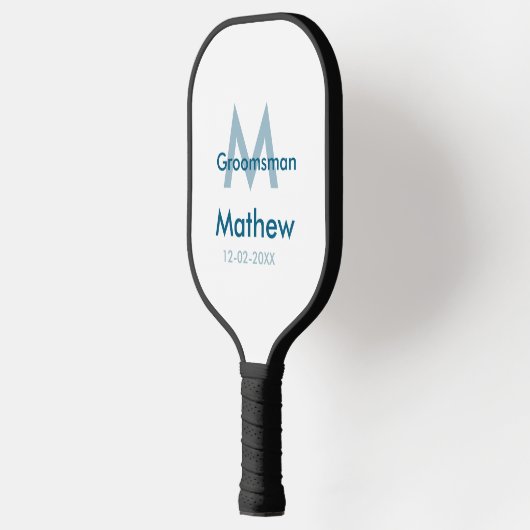 Marine blauwe groomsman naam letter datum mannelij pickleball paddle (Links)