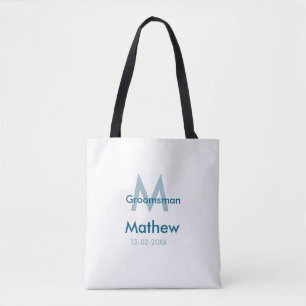 Marine blauwe groomsman naam letter datum mannelij tote bag