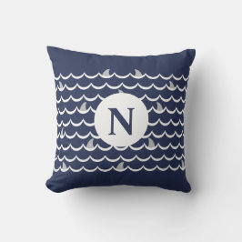 Marine Blauwe Haai Vin Monogram Kussen