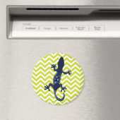 Marine Blauwe Hagedis op Groene Chevron Stripe Pat Magneet (Insitu (Vaatwasser))