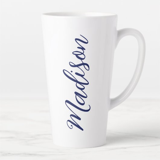 Marine Blauwe Naam Handgeschreven Script Custom Latte Mok (Rechts)