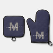 Marine Blauwe Naam Monogram Keuken Ovenwant & Pannenlap Set (Voorkant)